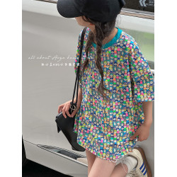 設計師新款時髦滿印女童短袖T恤兒童上衣2025夏裝韓國童裝寬鬆潮t