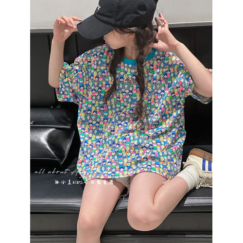 設計師新款時髦滿印女童短袖T恤兒童上衣2025夏裝韓國童裝寬鬆潮t