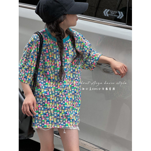 設計師新款時髦滿印女童短袖T恤兒童上衣2025夏裝韓國童裝寬鬆潮t