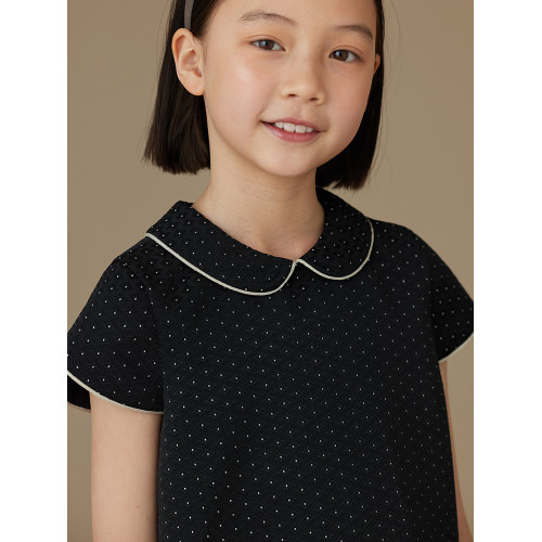 哈齒童裝25兒童夏裝黑白撞色提花甜美花瓣袖親子娃娃領連衣裙女童