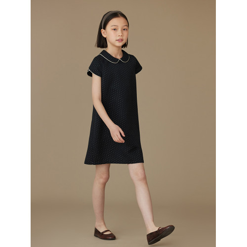 哈齒童裝25兒童夏裝黑白撞色提花甜美花瓣袖親子娃娃領連衣裙女童