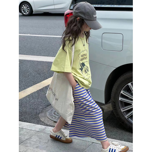波拉韓童裝女童短袖2025夏裝兒童寬松t恤卡通圓領上衣中大童T