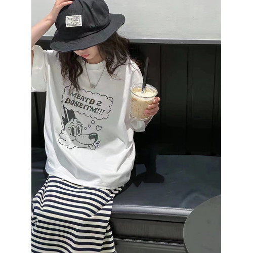 波拉韓童裝女童短袖2025夏裝兒童寬松t恤卡通圓領上衣中大童T