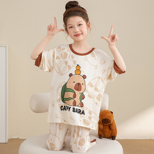 兒童睡衣卡皮巴拉半袖七分褲2025新款夏季薄款莫代爾男女孩家居服