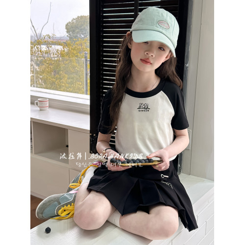 波拉韓女童拼色短袖夏季兒童卡通插肩袖t恤2025款小女孩短款上衣