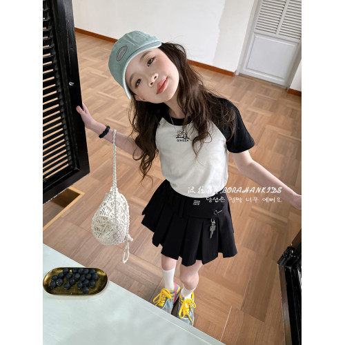 波拉韓女童拼色短袖夏季兒童卡通插肩袖t恤2025款小女孩短款上衣