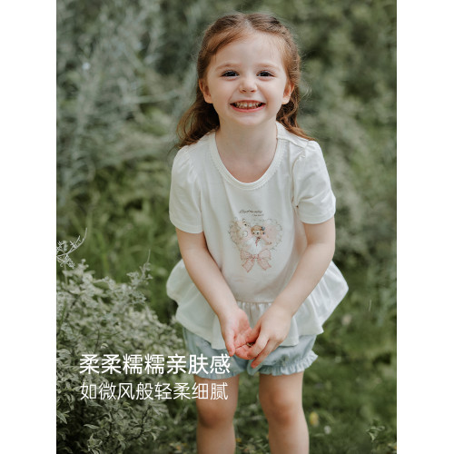 Oak Family夏季女童T恤絲柔棉圓領短袖打底衫百搭花邊彈力上衣