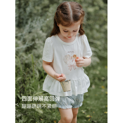 Oak Family夏季女童T恤絲柔棉圓領短袖打底衫百搭花邊彈力上衣