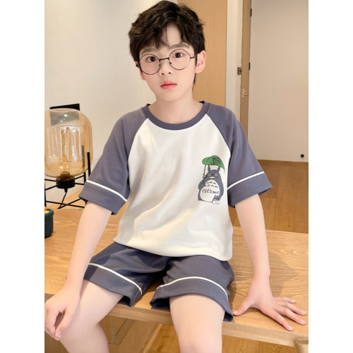 芬騰男童睡衣兒童夏季薄款純棉短袖套裝中大童12嵗男孩洋氣夏天家