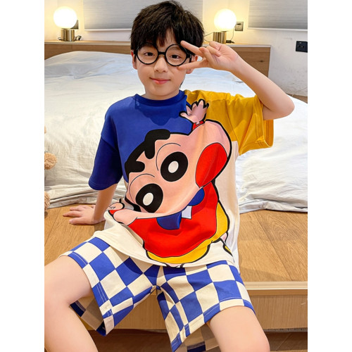 芬騰男童睡衣兒童夏季薄款純棉短袖套裝中大童12嵗男孩洋氣夏天家