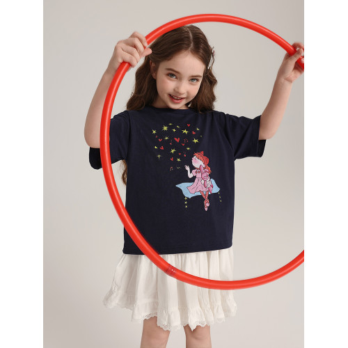 布丁哈魯童裝夏裝女童圓領短袖2026夏季新款兒童洋氣百搭卡通T恤