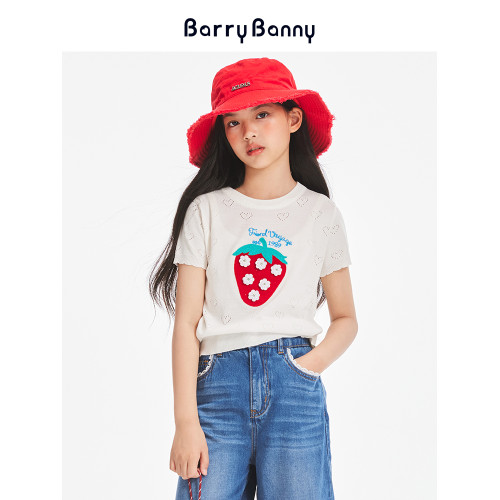 BarryBanny中大女童草莓T恤2025夏季新款圓領短袖兒童印花白上衣