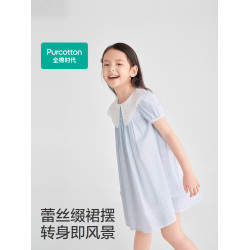 全棉時代女童連衣裙25夏季新款女孩翻領短袖連衣裙親膚蕾絲公主裙