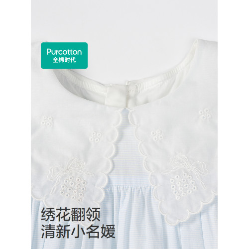 全棉時代女童連衣裙25夏季新款女孩翻領短袖連衣裙親膚蕾絲公主裙