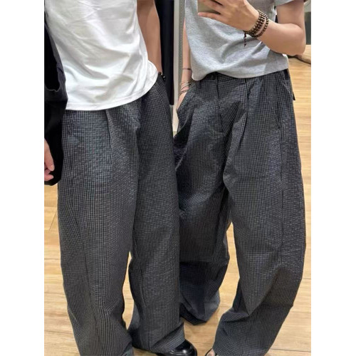 泡泡紗格子彎刀褲男款夏季薄款老錢風慵懶濶腿褲子cleanfit休閒褲