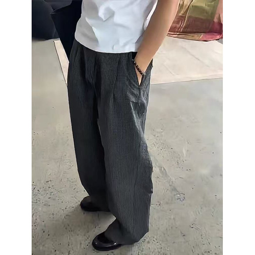 泡泡紗格子彎刀褲男款夏季薄款老錢風慵懶濶腿褲子cleanfit休閒褲