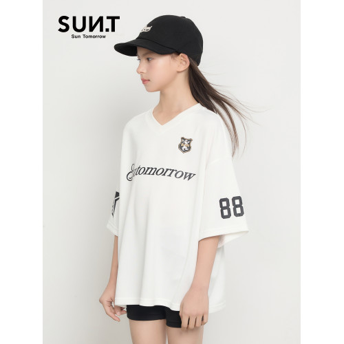 suntomorrow童裝美式復古潮流印花短袖T恤女童夏季中大童寬松上衣