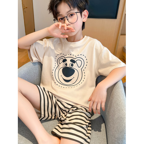 芬騰兒童男童睡衣夏季薄款短袖純棉夏天家居服中大童男孩套裝新款