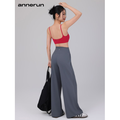 annerun裸感直筒運動褲女高腰顯瘦濶腿褲夏薄款寬松垂感瑜伽長褲