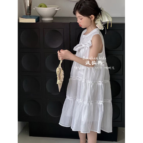 波拉韓女童連衣裙2025夏季背心裙兒童蝴蝶結公主裙小女孩甜美裙子