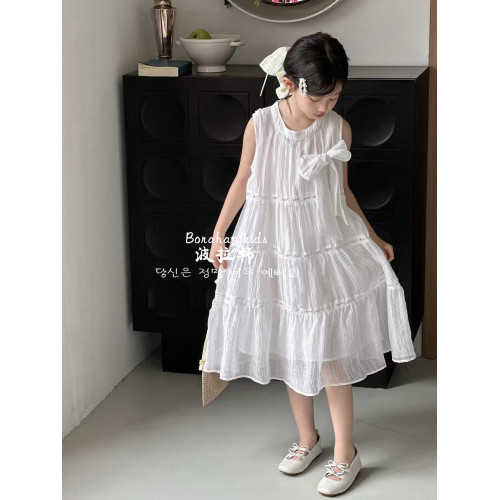 波拉韓女童連衣裙2025夏季背心裙兒童蝴蝶結公主裙小女孩甜美裙子