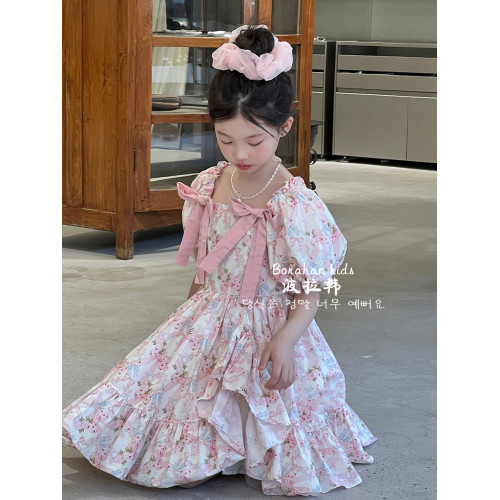 女童法式連衣裙夏裝裙子2025新款兒童泡泡袖公主裙女孩生日禮服裙
