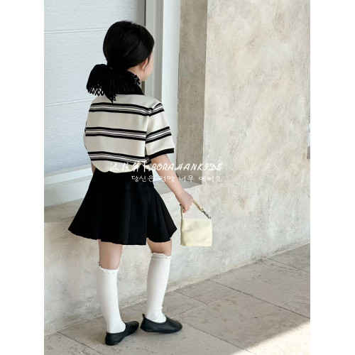 波拉韓女童洋氣短袖polo衫2025款夏裝女孩條紋T恤中大童半袖上衣