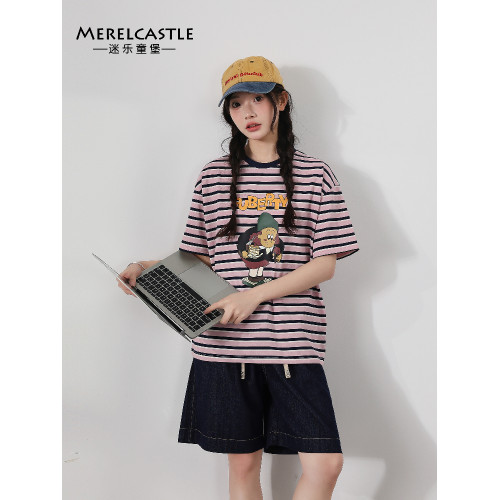 【CC家居控】女童短袖t恤女孩卡通條紋衣服女大童上衣C3216B