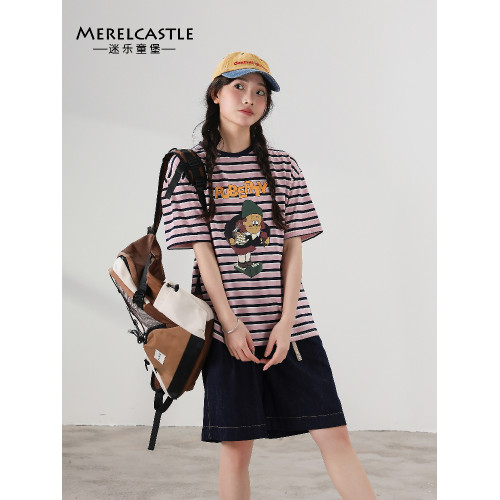 【CC家居控】女童短袖t恤女孩卡通條紋衣服女大童上衣C3216B