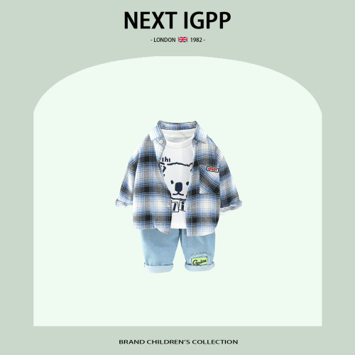 英國NEXT IGPP男童春季新款小白熊格子襯衣韓版休閒牛仔褲三件套