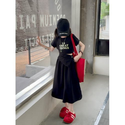 女童夏季連衣裙洋氣女孩字母短袖不規則半身裙韓系休閒夏款兩件套