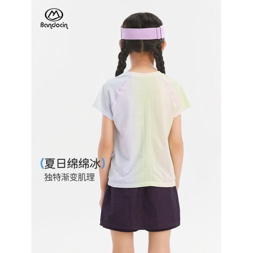 半度閒女童速乾漸變t恤夏季薄款透氣2025新款兒童夏裝運動上衣潮T