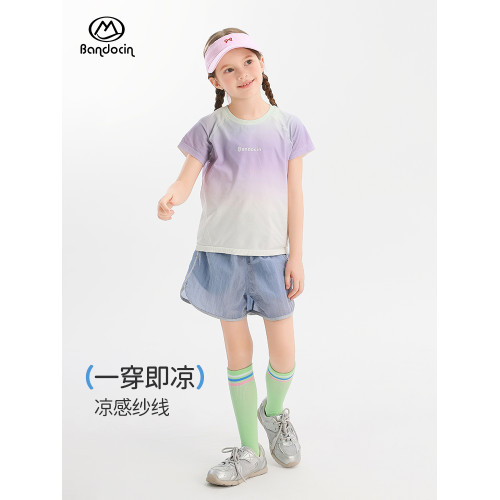 半度閒女童速乾漸變t恤夏季薄款透氣2025新款兒童夏裝運動上衣潮T
