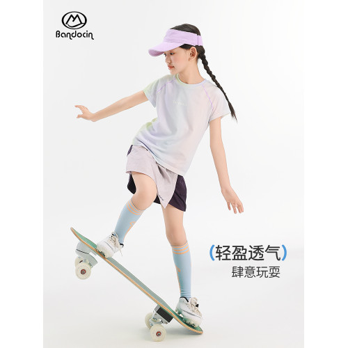 半度閒女童速乾漸變t恤夏季薄款透氣2025新款兒童夏裝運動上衣潮T