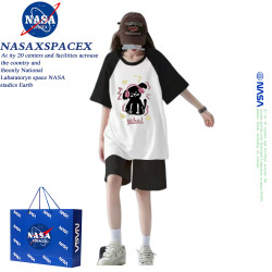 NASA聯名女童純棉短袖T恤短褲套裝夏季中大童插肩貓咪印花上衣ins