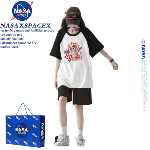 NASA聯名女童純棉短袖T恤短褲套裝夏季中大童插肩貓咪印花上衣ins