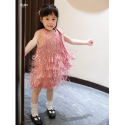 zkako知夏子女童波西米亞亮片流蘇背心連衣裙生日禮服粉色公主裙