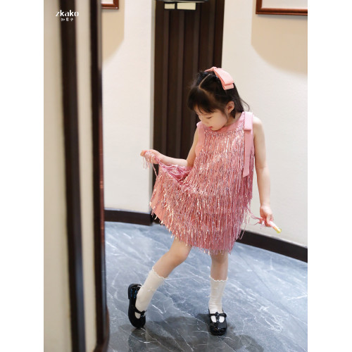 zkako知夏子女童波西米亞亮片流蘇背心連衣裙生日禮服粉色公主裙