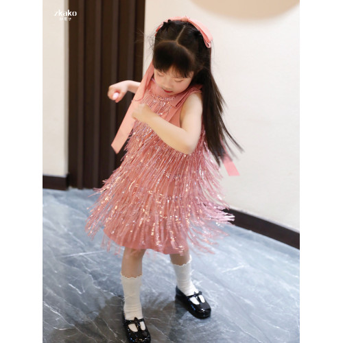 zkako知夏子女童波西米亞亮片流蘇背心連衣裙生日禮服粉色公主裙