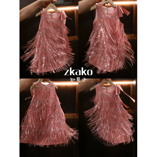 zkako知夏子女童波西米亞亮片流蘇背心連衣裙生日禮服粉色公主裙
