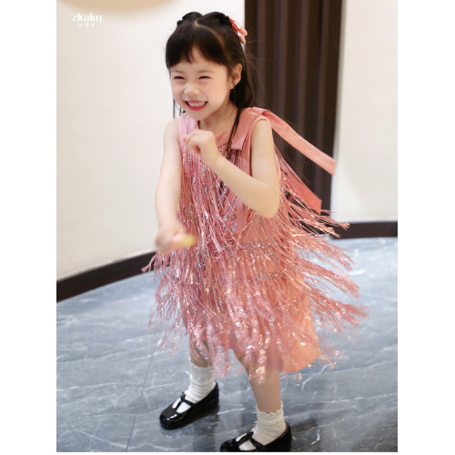 zkako知夏子女童波西米亞亮片流蘇背心連衣裙生日禮服粉色公主裙