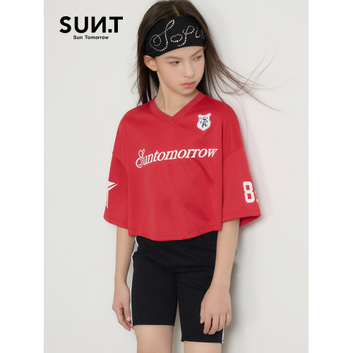 suntomorrow童裝V領短袖印花T恤女童夏季運動風寬松短款休閒上衣