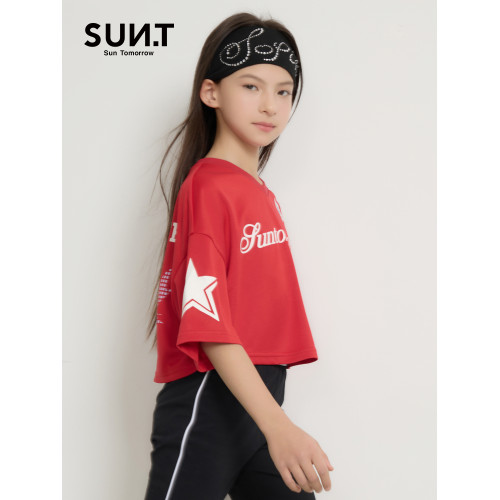 suntomorrow童裝V領短袖印花T恤女童夏季運動風寬松短款休閒上衣
