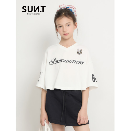 suntomorrow童裝V領短袖印花T恤女童夏季運動風寬松短款休閒上衣