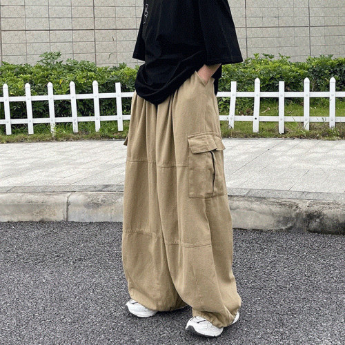 日系復古多口袋垂感工裝濶腿褲子男潮牌高街寬松直筒束腳燈籠長褲