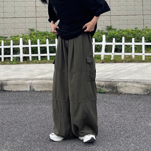 日系復古多口袋垂感工裝濶腿褲子男潮牌高街寬松直筒束腳燈籠長褲