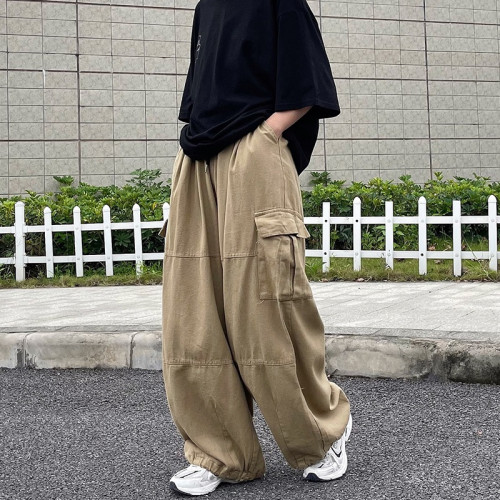 日系復古多口袋垂感工裝濶腿褲子男潮牌高街寬松直筒束腳燈籠長褲