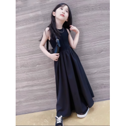 女童黑色連衣裙夏季女大童長裙背心裙赫本風小女孩夏裝裙子洋氣夏