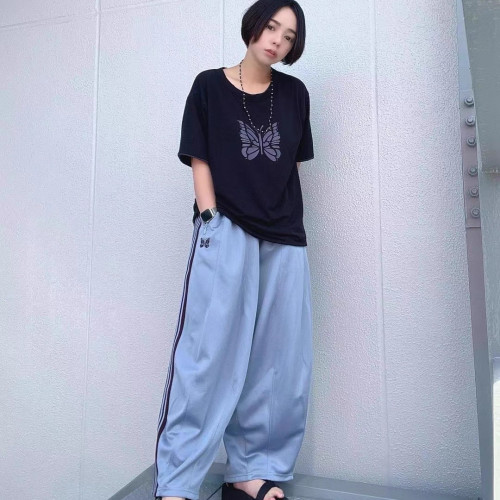 Needles track蝴蝶刺綉織帶直筒褲運動休閒日系喇叭濶腿褲潮 男女