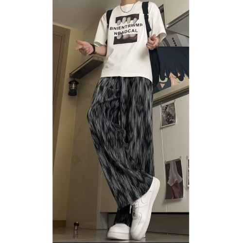 紥染冰絲褶皺休閒褲男夏季薄款垂墜感直筒濶腿褲美式復古拖地長褲